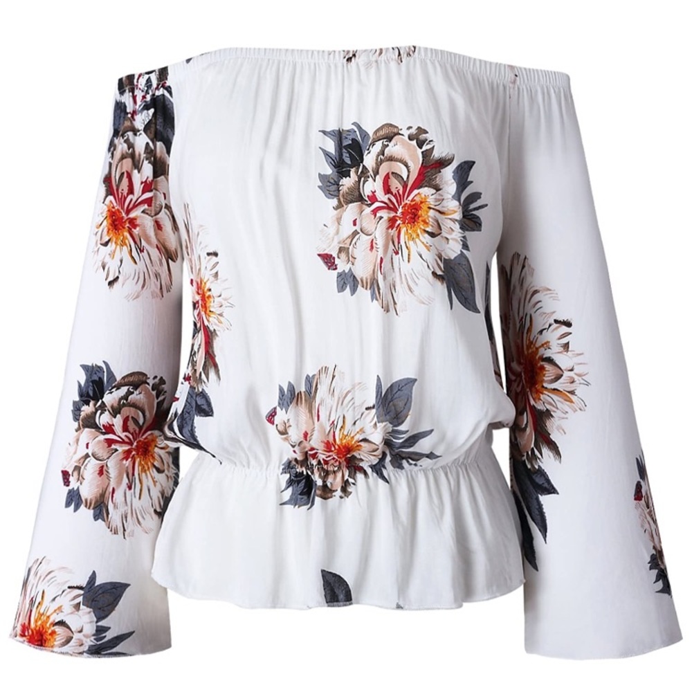 Off Shoulder Flare Sleeve Elastic Waist Crop Top - Picture 3 of 5